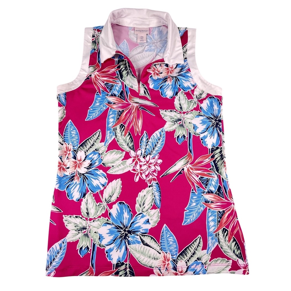Tommy Bahama Golf Top Womens S Pink Floral Sleeveless Polo Zip Tropical Print‎